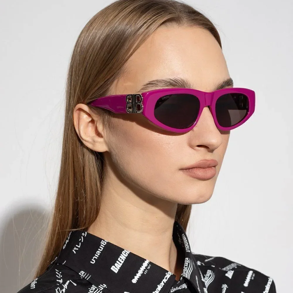 NEW Balenciaga BB0095S 017 Fuchsia Pink Silver Logo Grey Cat Eye Unisex Sunglass